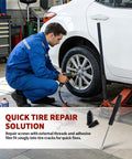 Mechanic using Self Service Tire Repair Kit With 60 Piece Rubber Nail Plugs And Screw Type Plugs Plus Screwdriver for tire fix