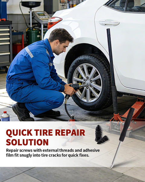 Mechanic using Self Service Tire Repair Kit With 60 Piece Rubber Nail Plugs And Screw Type Plugs Plus Screwdriver for tire fix