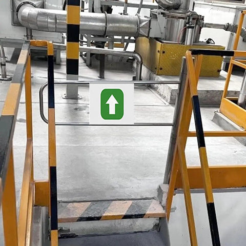 Heavy Duty Stainless Steel Swing Gate With Automatic Self Closing Security Barrier For Backyards And Commercial Lots showing a safety barrier with upward arrow.