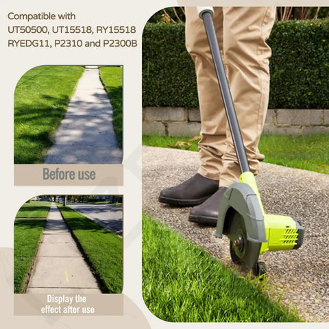 Person using Two Pack 8 Inch Reversible Heavy Duty Hardened Steel Edger Blade compatible with Ryobi on lawn edge