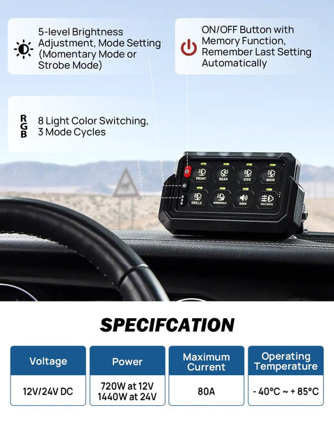Close-up of Wireless RGB 8 Gang Switch Panel with 5 Level Brightness for offroad lighting control, mounted in a vehicle.