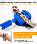 Pro Watch Link Removal Kit with pin remover tools shown adjusting metal watch band with blue tool head and spare pins.
