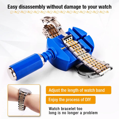 Pro Watch Link Removal Kit with pin remover tools shown adjusting metal watch band with blue tool head and spare pins.