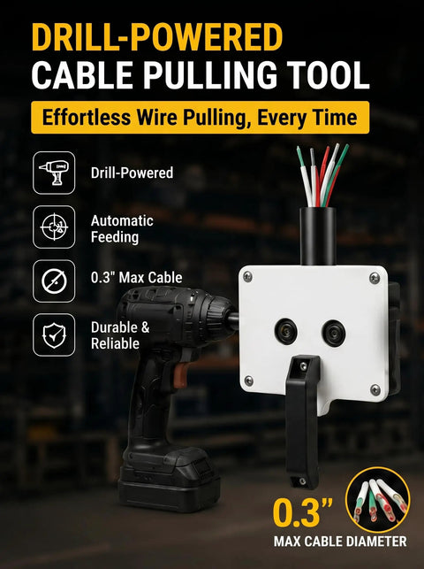 Heavy Duty Drill Powered Cable Pulling Tool Automatic Wire Fish Tape For Electricians Easy Threading In Pvc Metal Conduit Up To 0.3 Inch, drill and tool angle display.