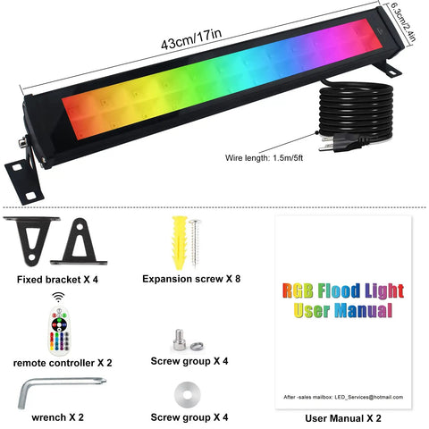 2 Pack 50W RGB Wall Washer Lights for staging and ambience with accessories, remote, brackets, screws, user manual.