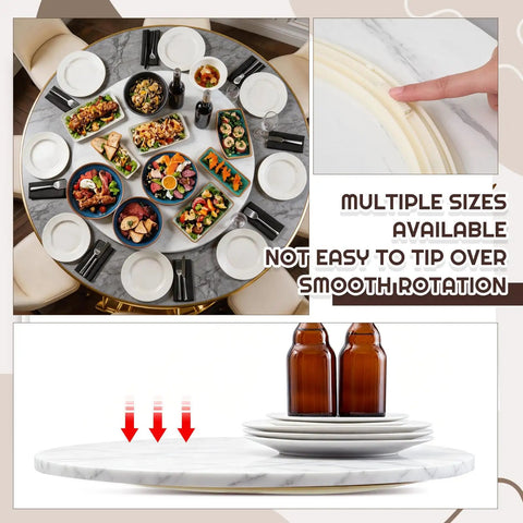 Oversized 24 Inch Marble White Wood Lazy Susan For Tabletop Large Turntable Rotating Serving Tray in use with food items