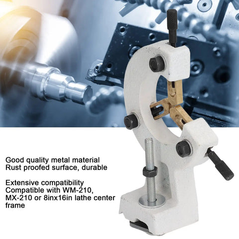Heavy Duty Metal Steady Rest And Center Frame Stabilizer For Mini Lathe WM210 MX210 8X16 INCH Tool Holder Support shown in workshop setting.