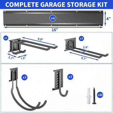 64 Inch Heavy Duty Wall Mounted Garden Tool Organizer with 10 Adjustable Hooks, steel construction, installation kit shown