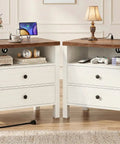 Set Of Two Modern Nightstands Featuring Double Drawers And Integrated Charging Station With Dual AC Outlets Plus USB Ports, showcasing decorative storage.