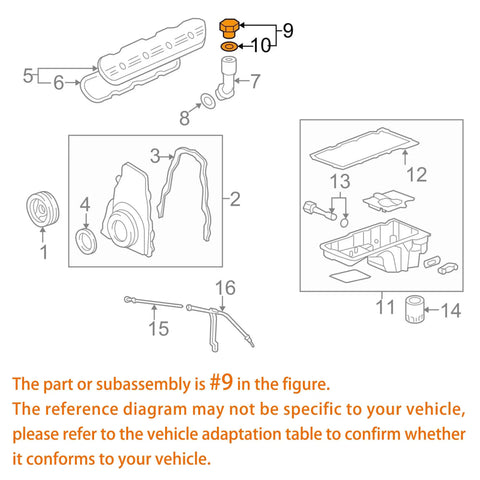 Diagram showing engine oil filler cap part #9 and placement in GM vehicles. Engine Oil Filler Cap 5W-30 94-12 Fits Chevy Colorado Express 1500 Silverado 1500 GMC Replaces OEM 12573337 OE Style High Quality Performance Cap Durable Build.