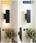Oberade Single Hardwired Black LED Wall Light Bathroom Sconce 3000K Indoor, on and off comparison, modern design with up and down lighting.