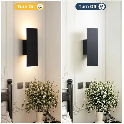 Oberade Single Hardwired Black LED Wall Light Bathroom Sconce 3000K Indoor, on and off comparison, modern design with up and down lighting.