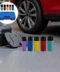 5Pc non-marring wheel protector socket set with colored thin-wall sleeves and case, beside a car wheel