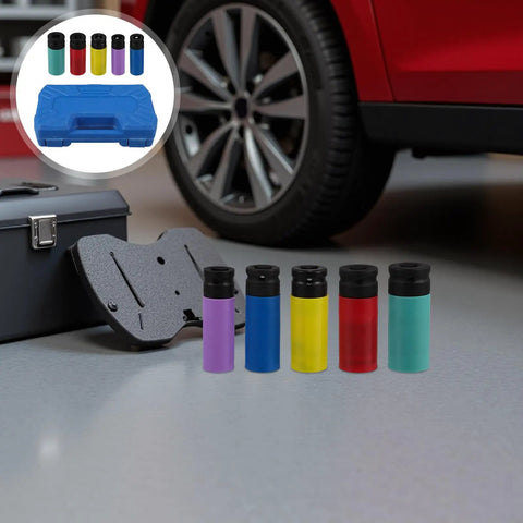 5Pc non-marring wheel protector socket set with colored thin-wall sleeves and case, beside a car wheel