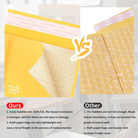 Comparison of yellow self-seal bubble mailers showing inner padding and kraft exterior versus less durable alternative