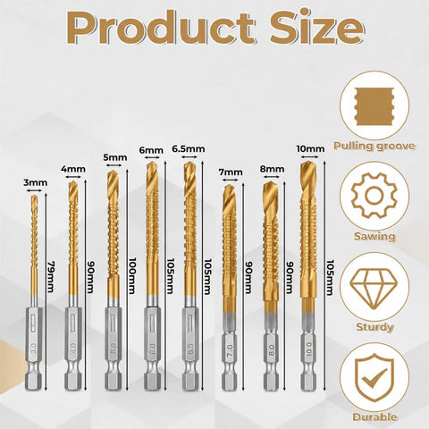 Kickass Titanium Drill Bit Set Eight Piece High Speed Steel Kit With Three To Ten Millimeter Options For Metal Wood And Fasteners, sizes showcased.
