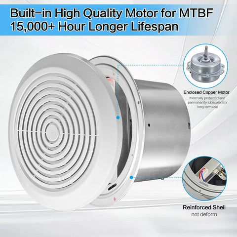 7 Inch Bathroom Exhaust Fan With 50 CFM Quiet Operation Low 1.0 Sones Through Wall Vent For 8 Inch Opening, side view.