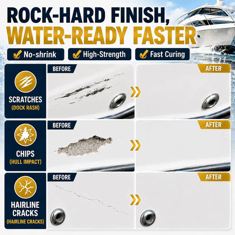 Comparison image showing before and after results of Heavy Duty White Fiberglass Boat Repair Kit With Tough As Nails Gel Coat Paste.