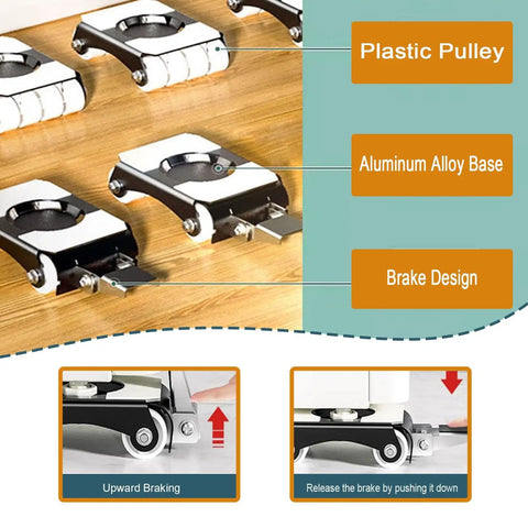 Heavy Duty Moving Equipment Dolly With Aluminum Base 772 Lb Capacity Industrial Machinery Transport Lifter And Furniture Hauler Smooth Bidirectional Rolling Skates showing plastic pulley, aluminum alloy base, and brake design on wood surface