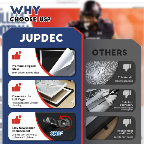 Comparison of newspaper display frame features by JUPDEC highlighting premium glass, full-page preserve, vs other frames.