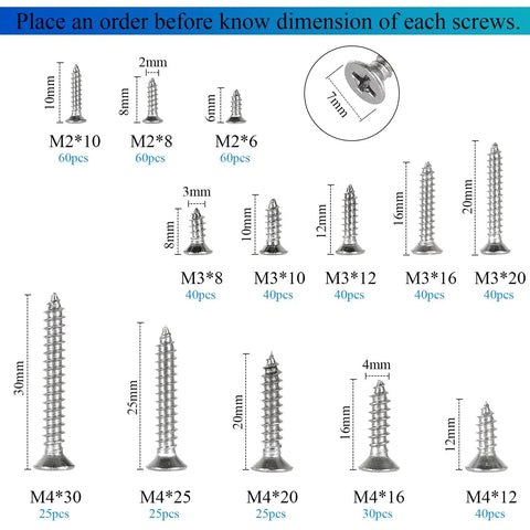 525 Piece Self Tapping Wood Screws Set M2 M3 M4 Flat Head Phillips Countersunk Screws In 304 Stainless Steel 13 Sizes For Wood Plastic And Metal Coarse Thread Sharp Point Must Have Kit variety view