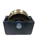 4-inch V-groove caster wheel in black metal housing with brass-colored wheel and front bolt.