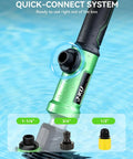 Close-up of 21V Cordless Water Transfer Pump with quick-connect hose attachments in pool water.