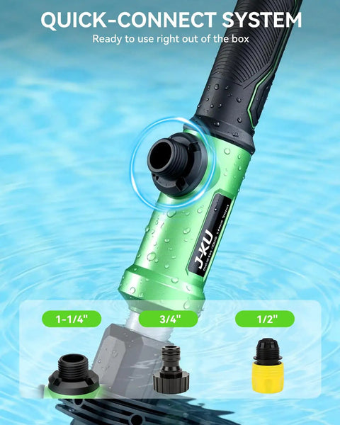 Close-up of 21V Cordless Water Transfer Pump with quick-connect hose attachments in pool water.