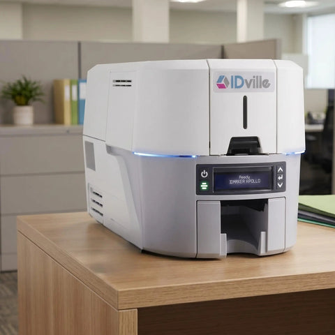 Heavy Lift Double Sided ID Card Printer With 300 Dpi Crisp Resolution And Lightning Fast Two Hundred Twenty Five Cards Per Hour Output on a desk.