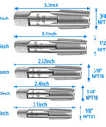 Versatile 5 Piece NPT Pipe Tap Set In Carbon Steel For Hand Threading And Accurate Threads Includes One Eighth Inch One Quarter Inch Three Eighths Inch One Half Inch And Three Quarters Inch Sizes For DIY Plumbers Mechanics And Thread Cutting Tools showing tap sizes and measurements