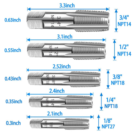 Versatile 5 Piece NPT Pipe Tap Set In Carbon Steel For Hand Threading And Accurate Threads Includes One Eighth Inch One Quarter Inch Three Eighths Inch One Half Inch And Three Quarters Inch Sizes For DIY Plumbers Mechanics And Thread Cutting Tools showing tap sizes and measurements