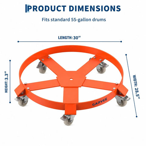 Heavy Duty 55 Gallon Drum Dolly Non Tipping With Steel Frame And Powder Coated Finish, 1,250 Lbs Capacity, Rust Resistant Cross Braces Prevent Warping, Industrial Drum Transport Tool, 30x28.5x3.3 in