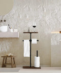 Freestanding Toilet Paper Holder With Shelf And Storage, heavy duty industrial style, in bathroom with two rolls and towel.