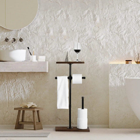 Freestanding Toilet Paper Holder With Shelf And Storage, heavy duty industrial style, in bathroom with two rolls and towel.
