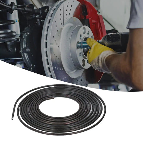 Coiled 5m steel brake line with PVF coating, visible near a brake disc replacement on a vehicle, highlighting flexible routing.