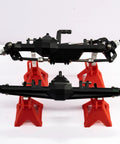 CNC Aluminum Front Straight Axle Kit For 1/10 Scale RC Crawlers, Black Anodized Hubs, on display stands, front and rear view