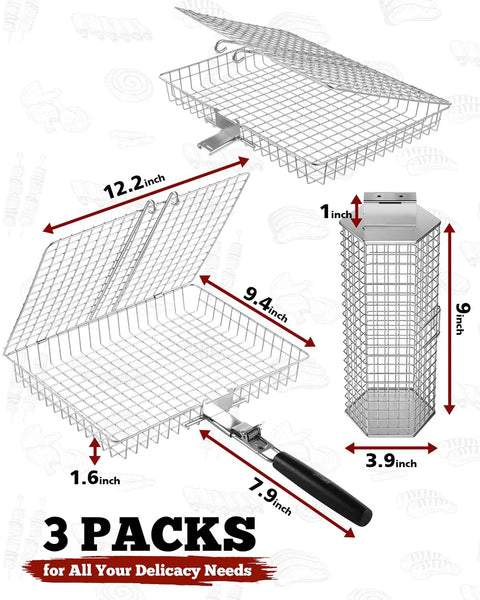 Diagram of Three Piece Grill Basket Set With Removable Handles Stainless Steel Grilling Baskets, dimensions shown