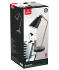 Packaging of Industrial Luxe 17 Inch Desk Lamp In Matte Black With Antique Brass Accents, showing lamp and features.