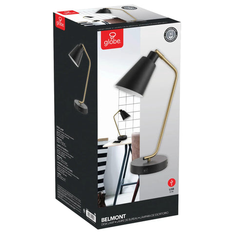 Packaging of Industrial Luxe 17 Inch Desk Lamp In Matte Black With Antique Brass Accents, showing lamp and features.