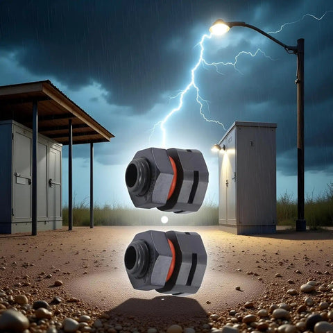 Two Pack IP68 Industrial Breather Vent With M12x1.5 Pressure Equalization Valve Dual Port Moisture Control in stormy outdoor setting