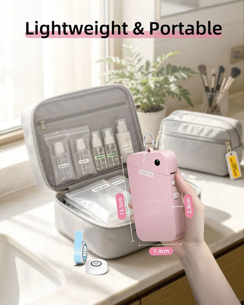 Slick Portable Bluetooth Label Maker With Wireless Tape, Compact Handheld Sticker Printer For Quick Adhesive Labels in pink, 7.4cm wide.
