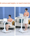 Height Adjustable Rolling Laptop Stand With Locking Casters sleek tilt bed desk for sofa, shown in seated and standing positions.