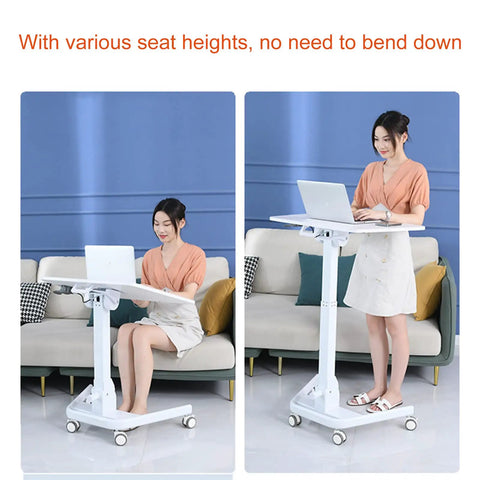 Height Adjustable Rolling Laptop Stand With Locking Casters sleek tilt bed desk for sofa, shown in seated and standing positions.