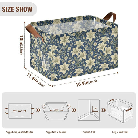 Game Changer Foldable Storage Bins For Shelves With Heavy Duty Steel Frame And Smooth Polyester Fabric Featuring Grab Handles, floral design, 16.9x11.4x10 in