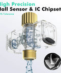Heavy Duty Brass Inlet And Outlet Water Flow Meter With LCD Readout showing transparent design and hall sensor for Garden Hose, RV Fill, Lawn Sprinkler