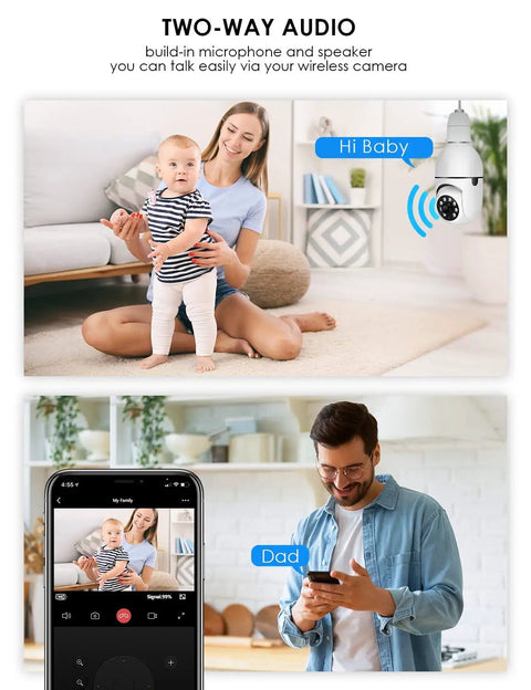 Light Bulb Security Camera With 1080P Full HD, 360 Degree Panoramic View, showing two-way audio feature with parent and child