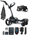 All Terrain Remote Controlled Electric Golf Caddy With Quick Zip Fold Setup includes black cart, towel, battery, remote, and mounts.