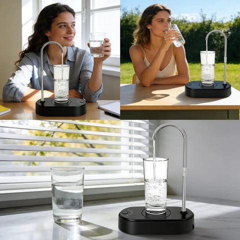 No Hassle 5 Gallon Water Bottle Dispenser For Countertop with USB Rechargeable Pump shown indoors and outdoors