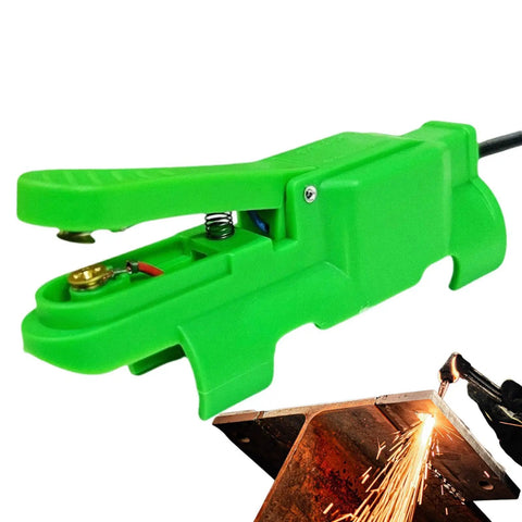 Green Ergonomic Welding Touch Button With Anti Slip Grip for TIG Torch Welding, shown alongside metalwork sparks in fab shop.