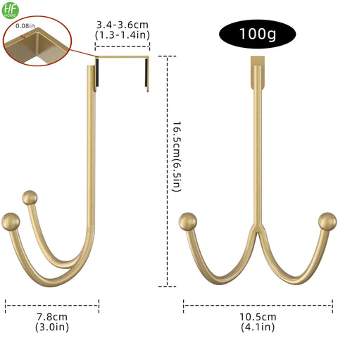 Matte Gold Over The Door Double Hanger Hooks Twin Metal Organizer For Coats Hats Robes And Towels Space Saving Door Hook With Soft Sponge Pads To Protect Surfaces Includes 2 Packs For Home Use with dimensions.